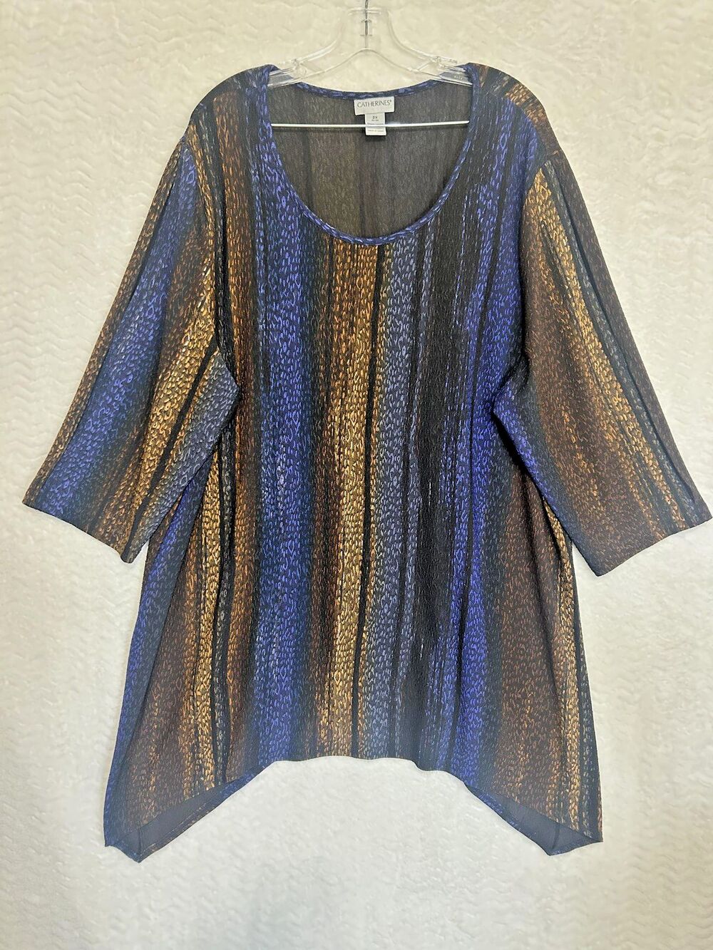 Catherines Blouse Womens 2X Plus Multicolor Stripe Scoop Neck 3/4 Sleeve Tunic